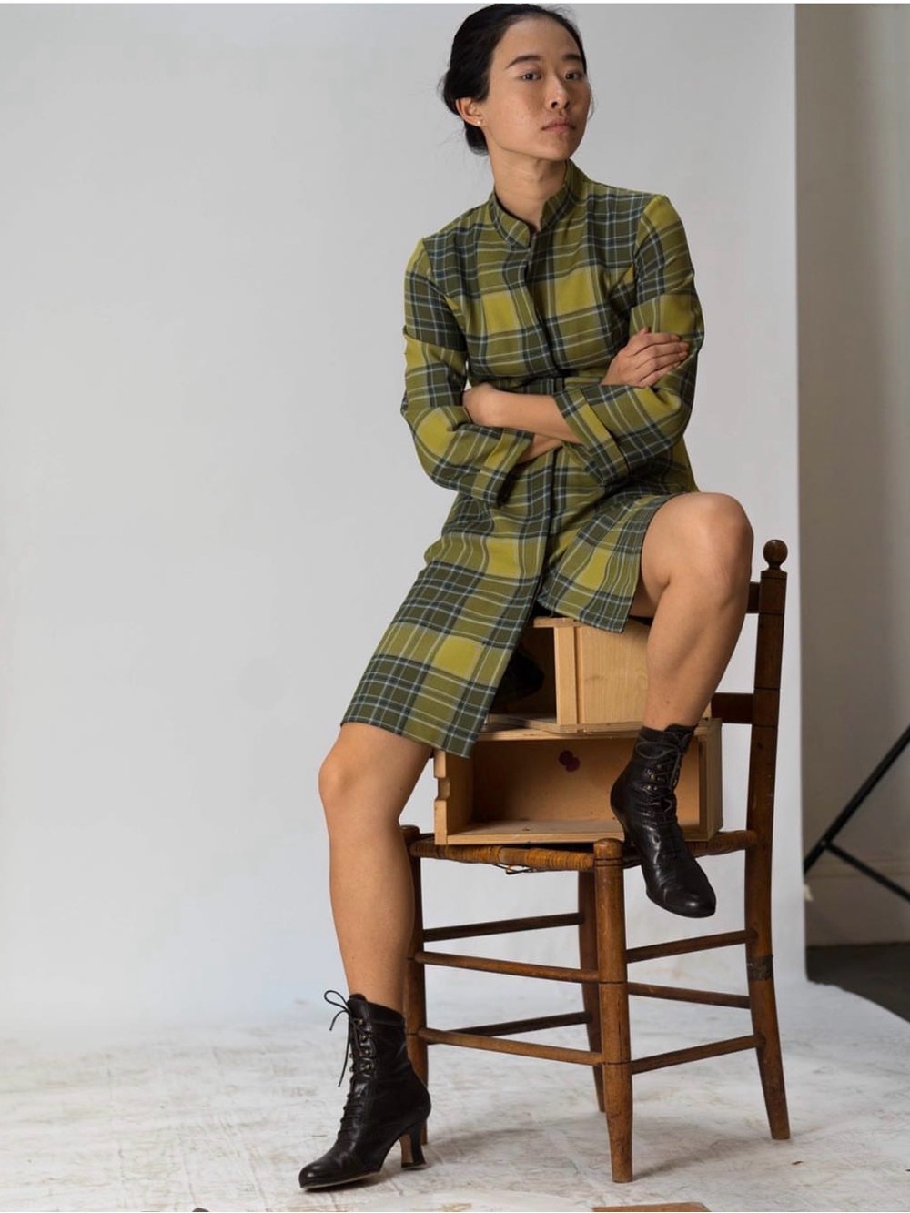 Archerie Plaid Belted Dress Sz 8 Green Yellow Cotton NYC Midi